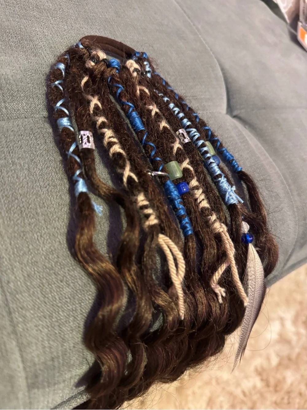 Boho Curly Brown Hair Extensions with Blue Bead Accents